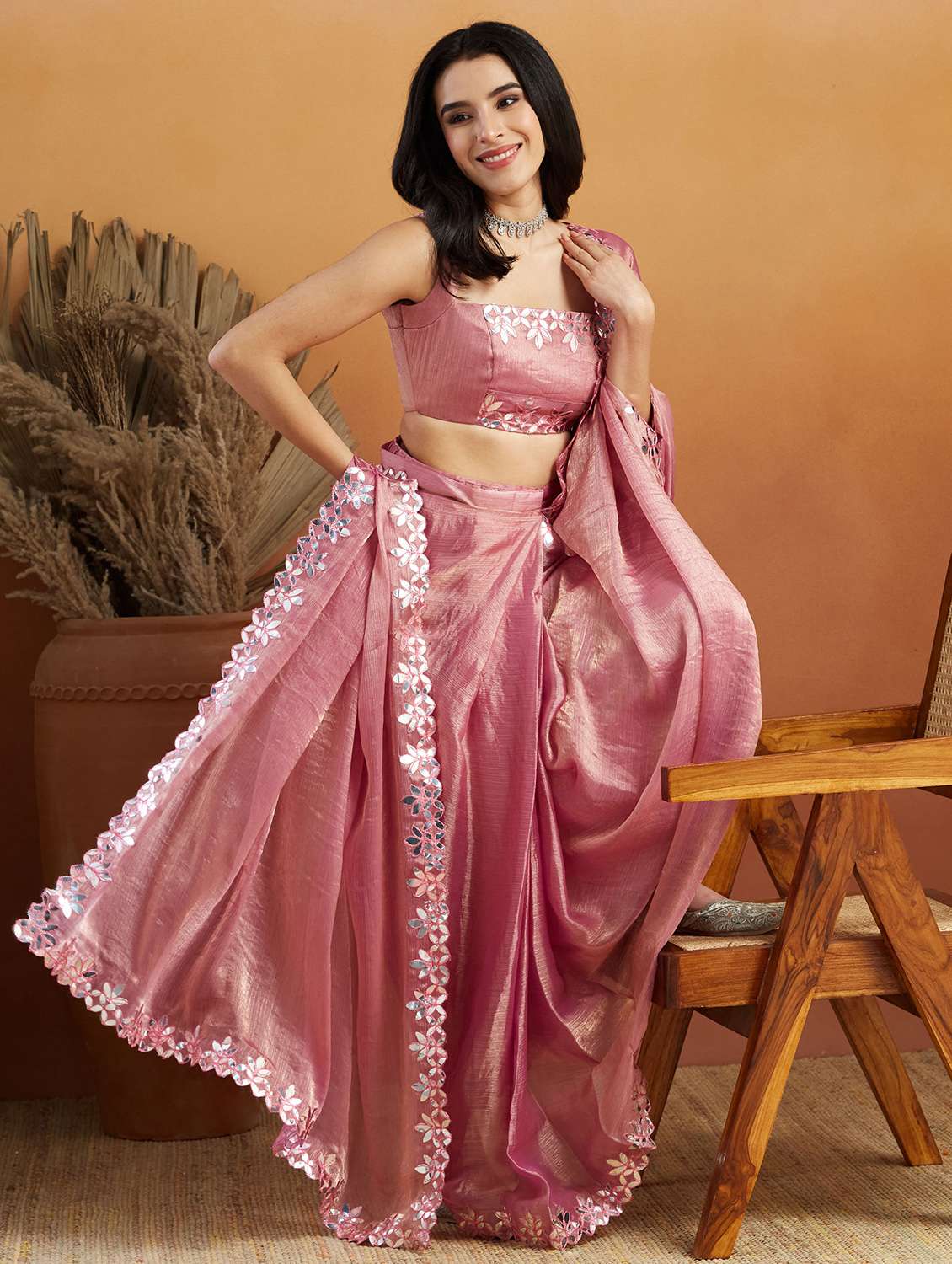 women solid with bordered ready to wear saree with blouse - 21961304 -  Standard Image - 2