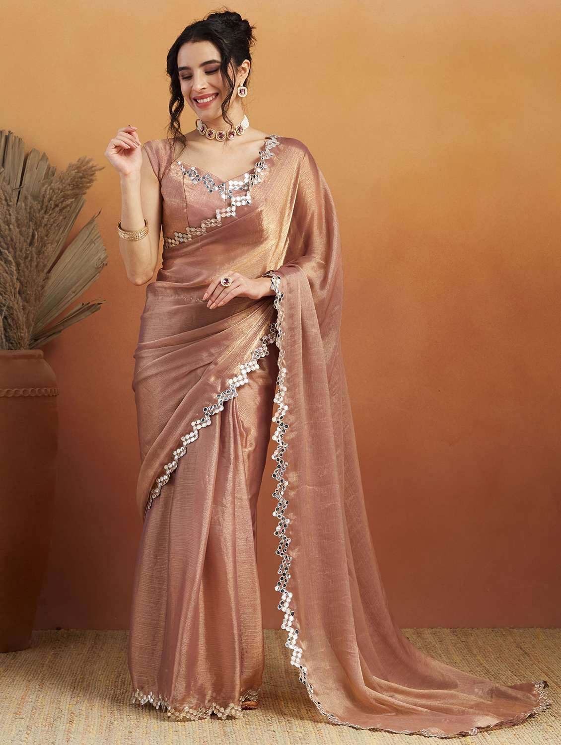 women solid with bordered ready to wear saree with blouse