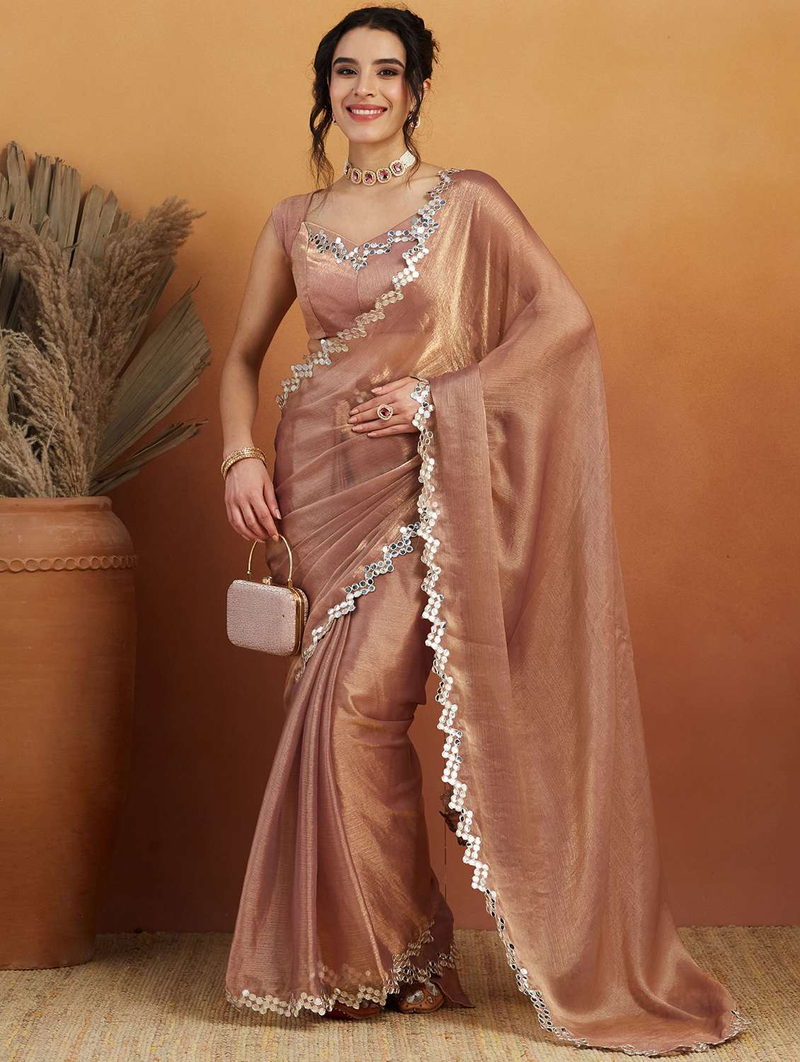 women solid with bordered ready to wear saree with blouse - 21961305 -  Standard Image - 2