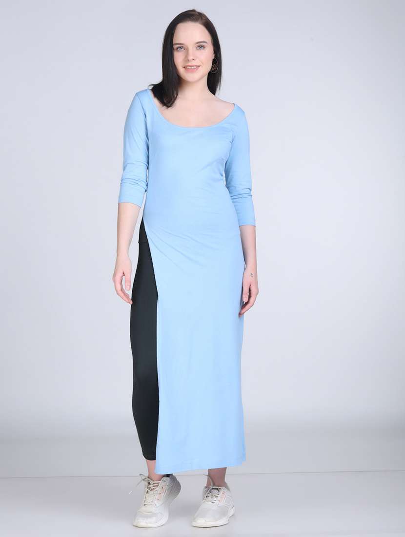 women solid scoop neck long straight top