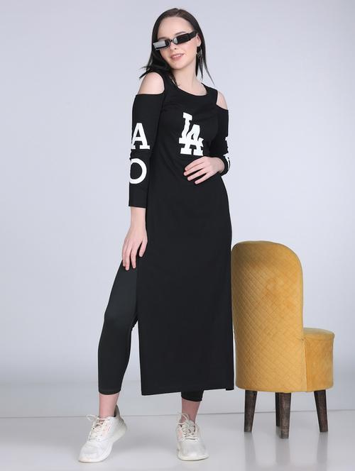 women printed cold shoulder long straight top - 21961350 - Standard Image - 0