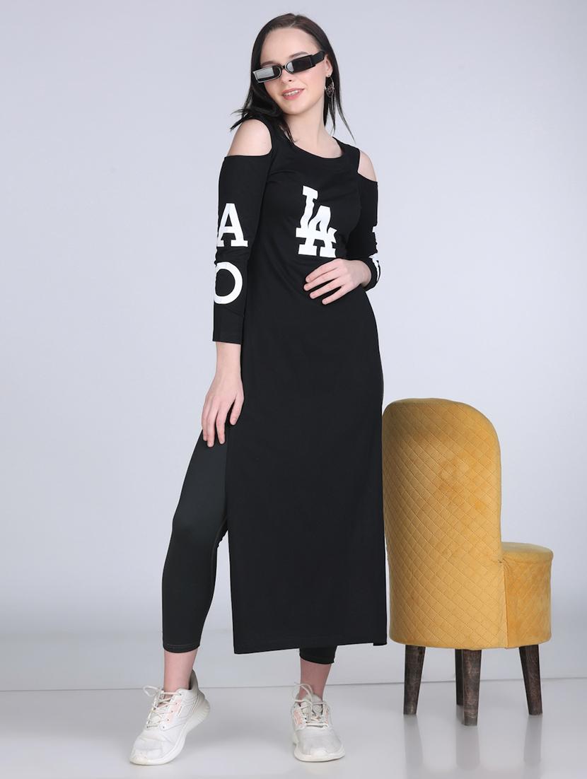 women printed cold shoulder long straight top - 21961350 - Zoom Image - 0