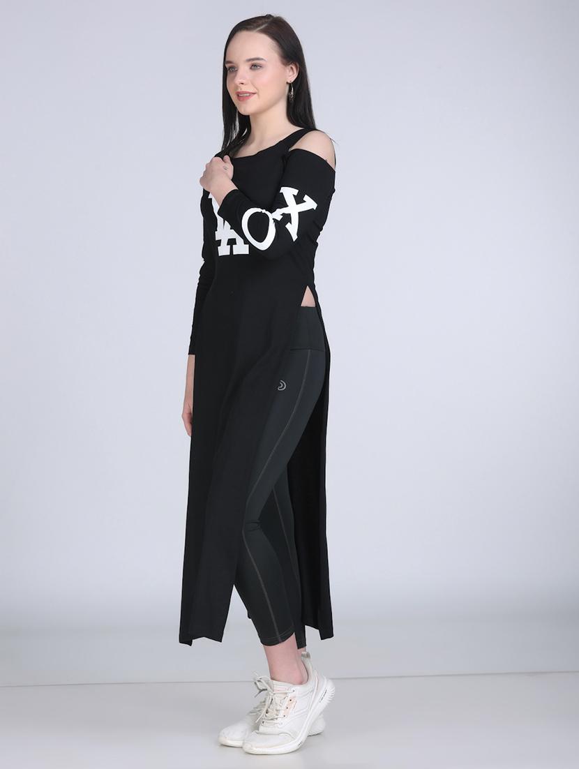 women printed cold shoulder long straight top - 21961350 - Standard Image - 2