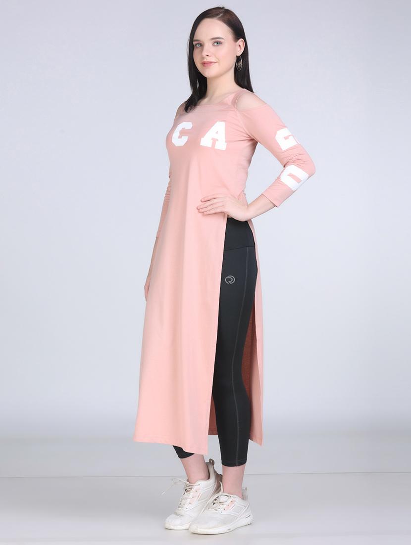 women printed cold shoulder long straight top - 21961357 - Standard Image - 2