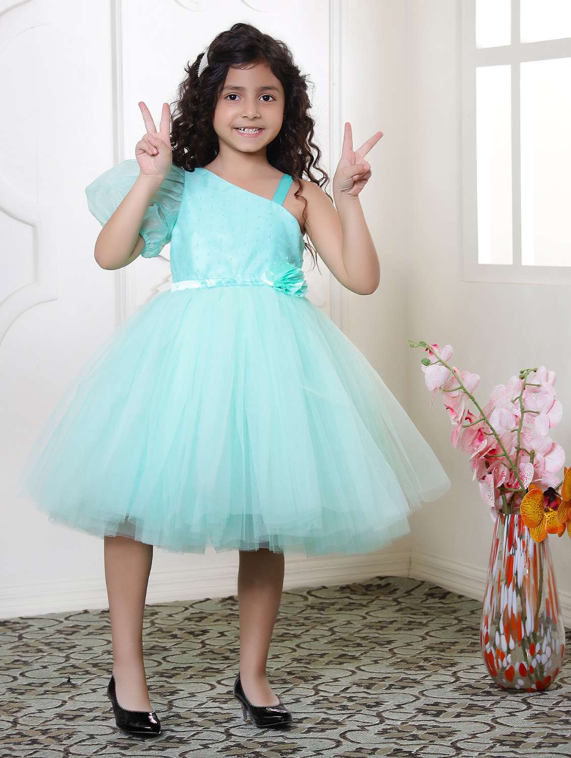 girls solid single shoulder fit & flare dress 