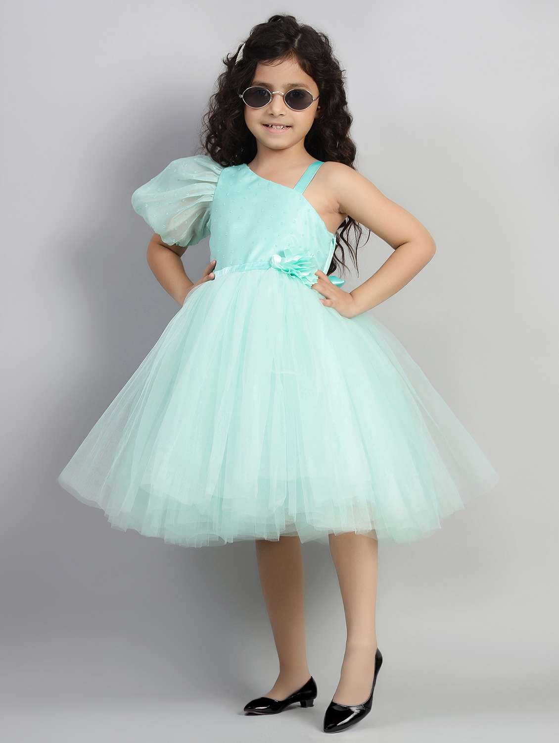 girls solid single shoulder fit & flare dress  - 21961537 -  Standard Image - 2