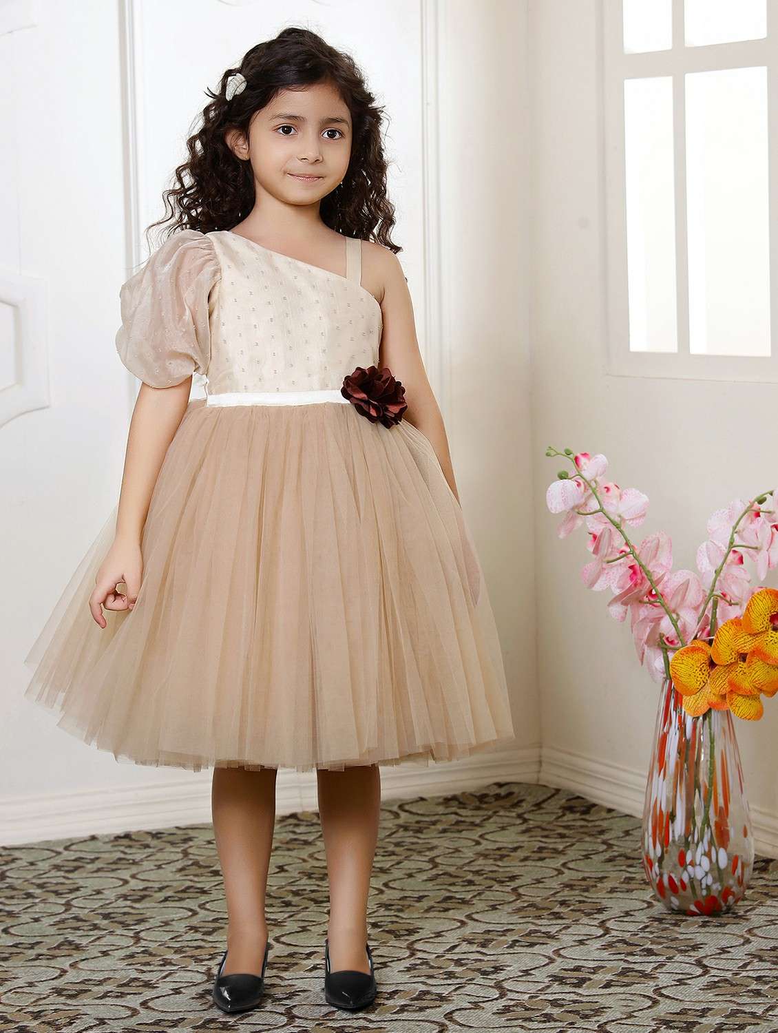 girls solid single shoulder fit & flare dress 