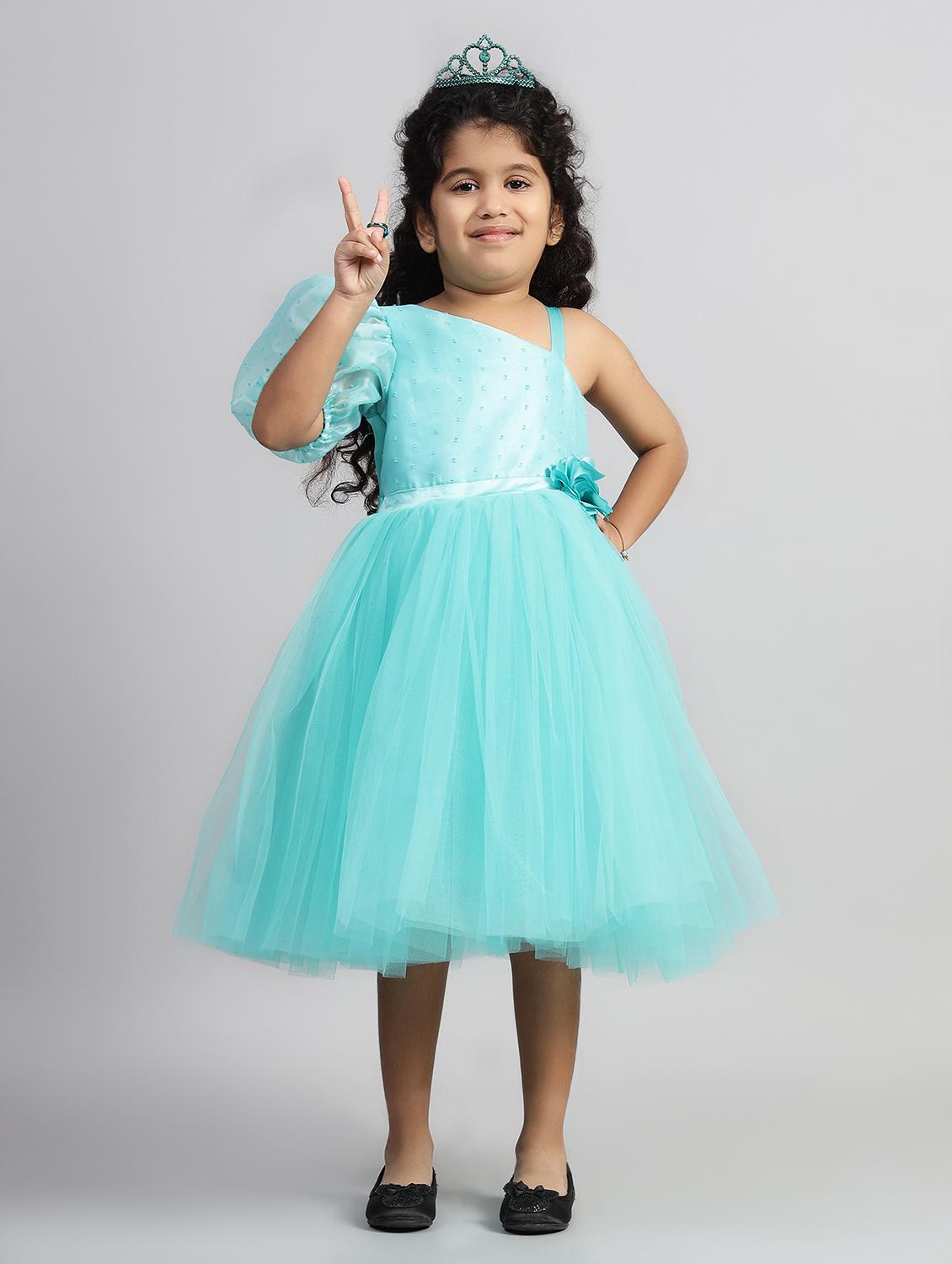 girls solid single shoulder fit & flare dress - 21961540 - Standard Image - 2
