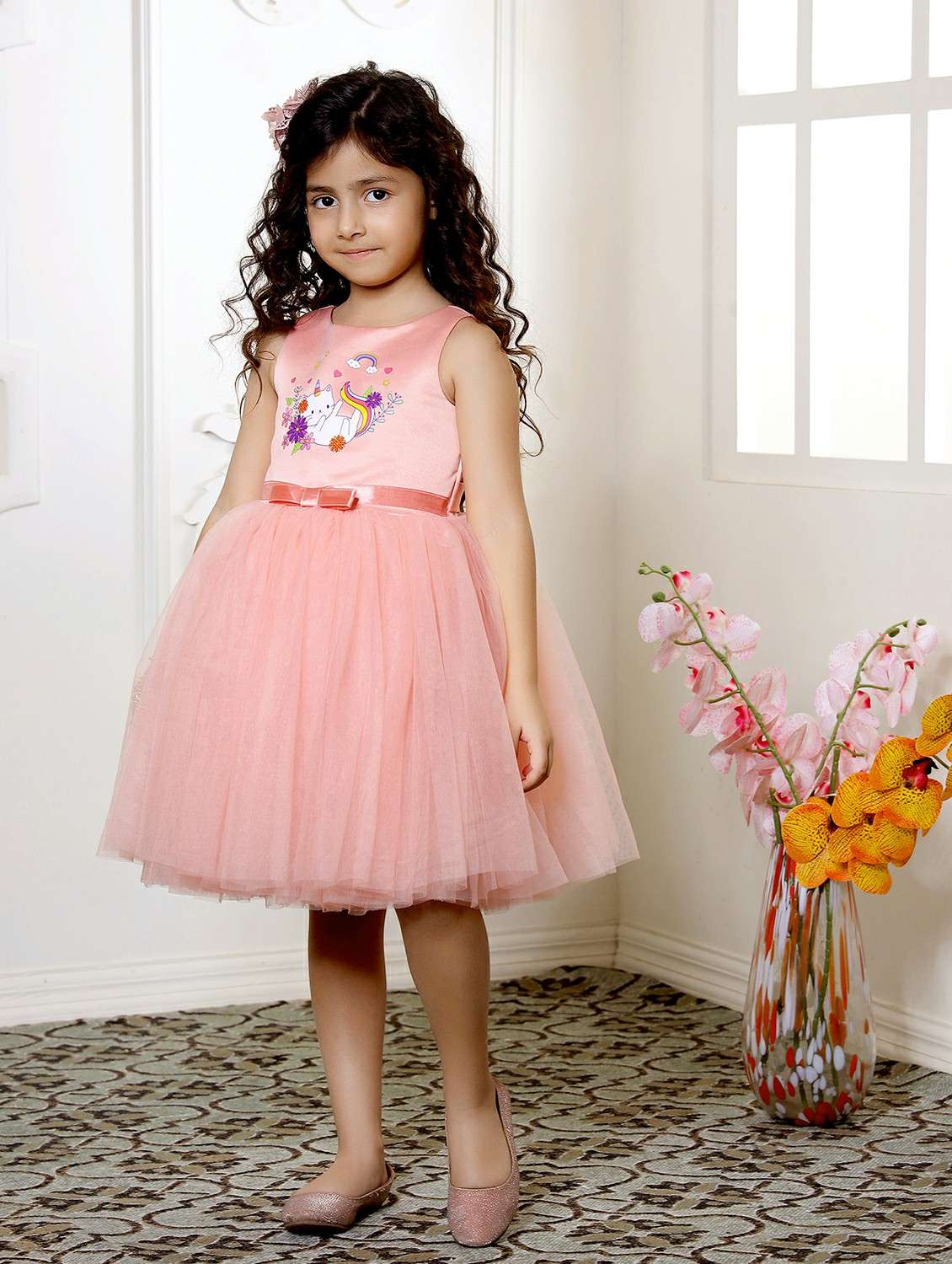 girls printed sleeveless fit & flare dress