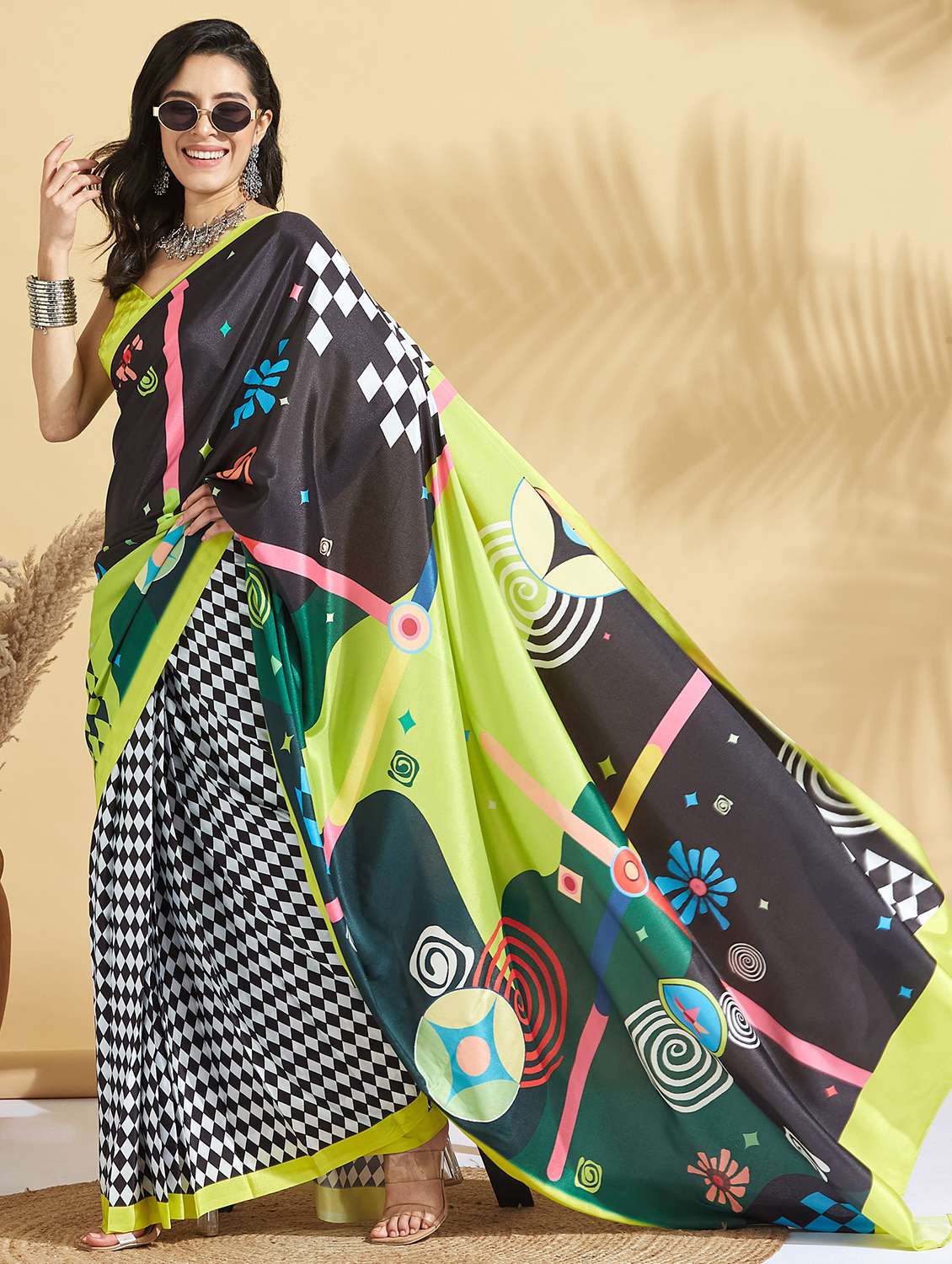 women checkered ready to wear saree with blouse - 21961593 -  Standard Image - 2