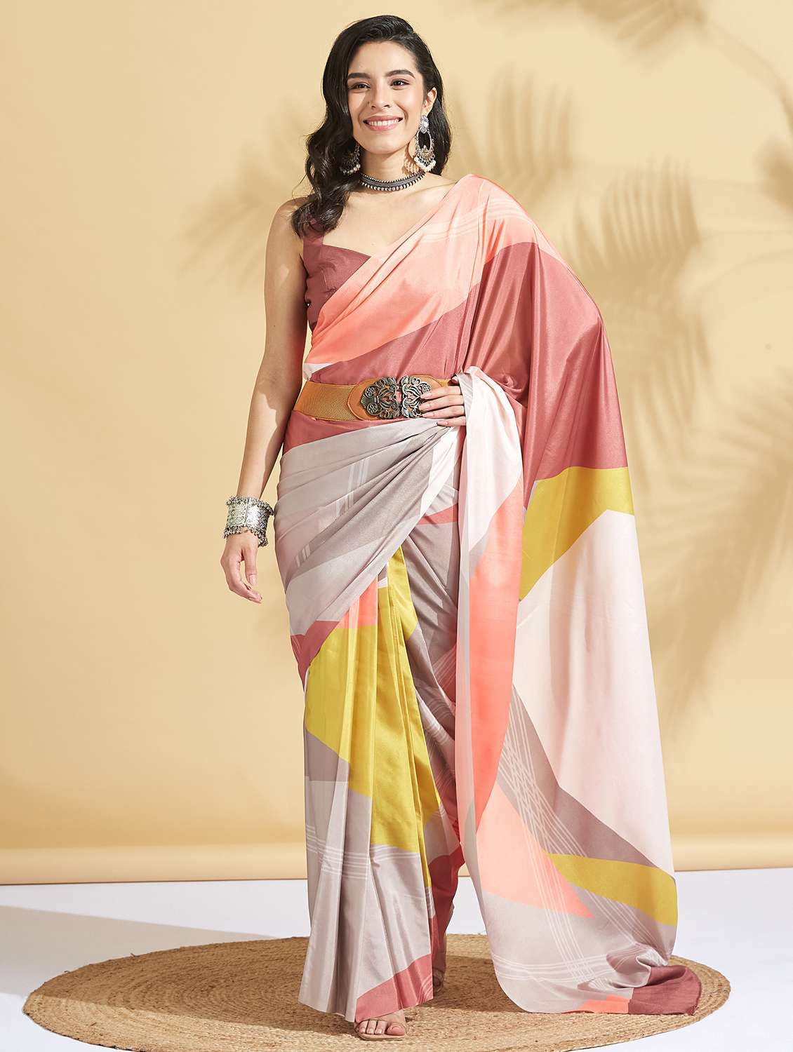 women color block ready to wear saree with blouse