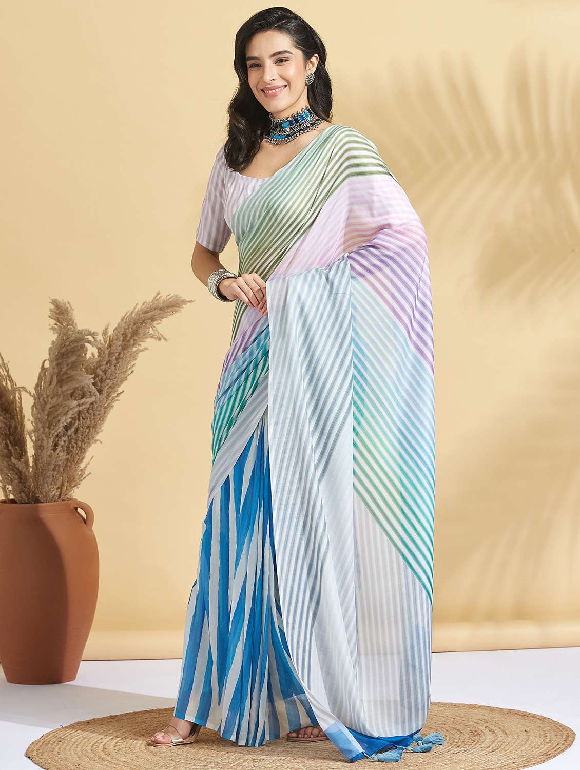 women stripe printed ready to wear saree with blouse