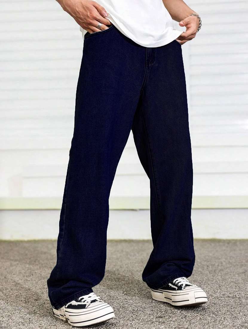 men solid mid rise full length baggy jeans
