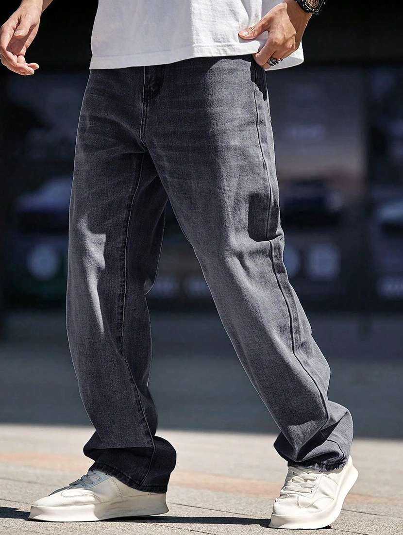 men solid mid rise full length baggy jeans