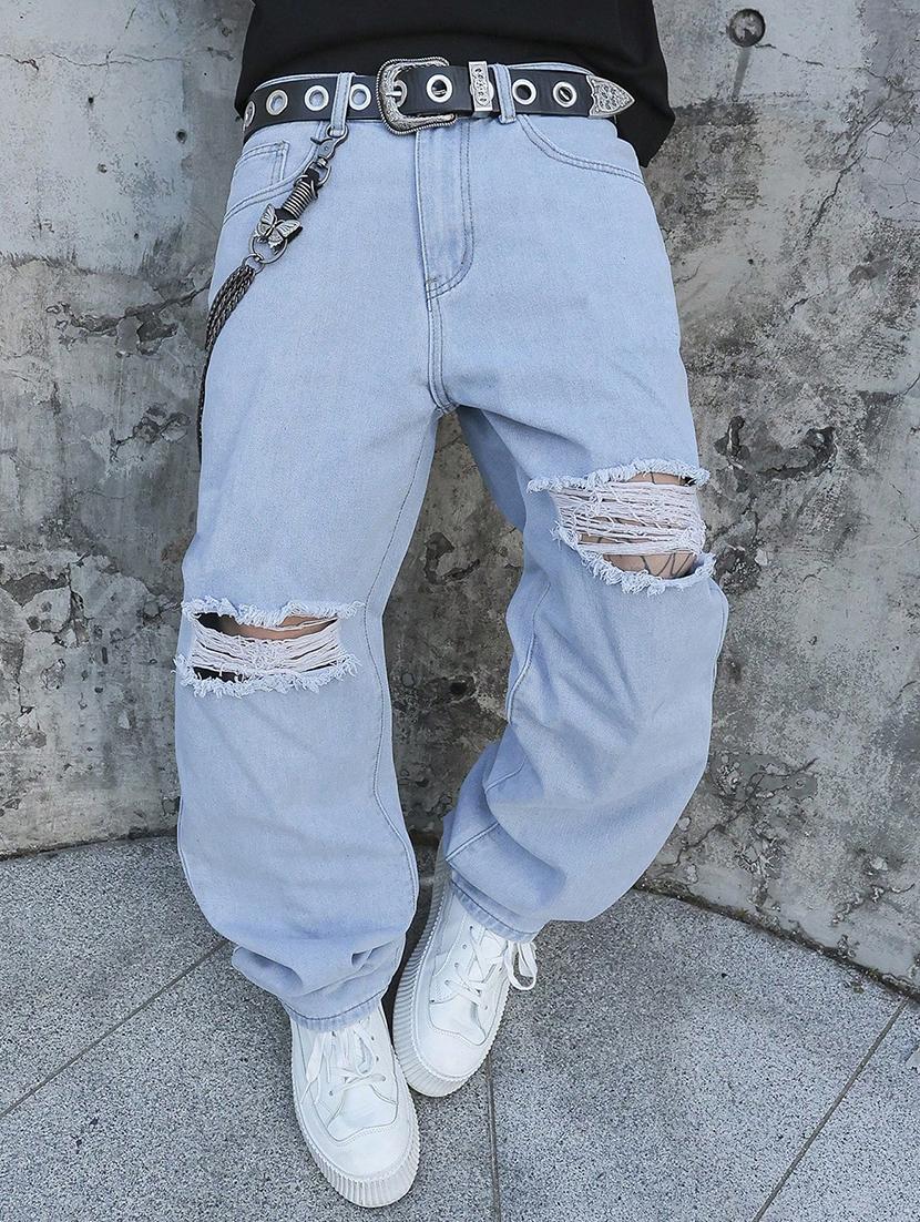 men slash knee mid rise full length baggy jeans - 21961628 - Standard Image - 2
