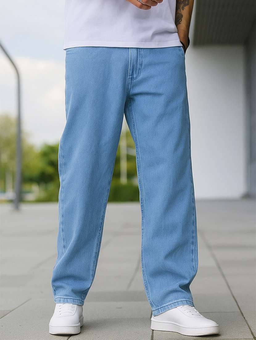men plain mid rise full length baggy jeans
