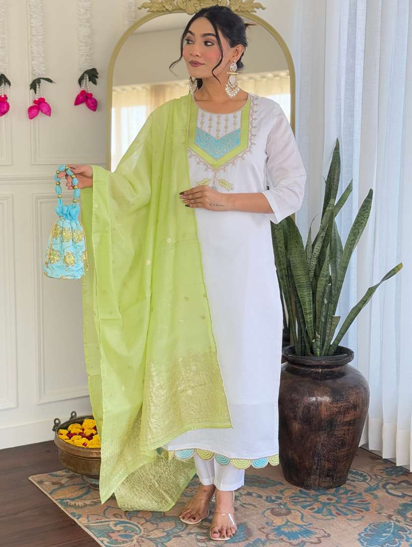 women three quarter sleeve kurta pant with dupatta set