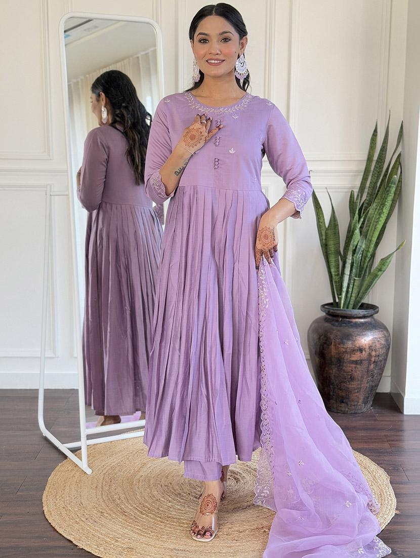women three quarter sleeve anarkali kurta pant with dupatta set - 21961676 - Standard Image - 2