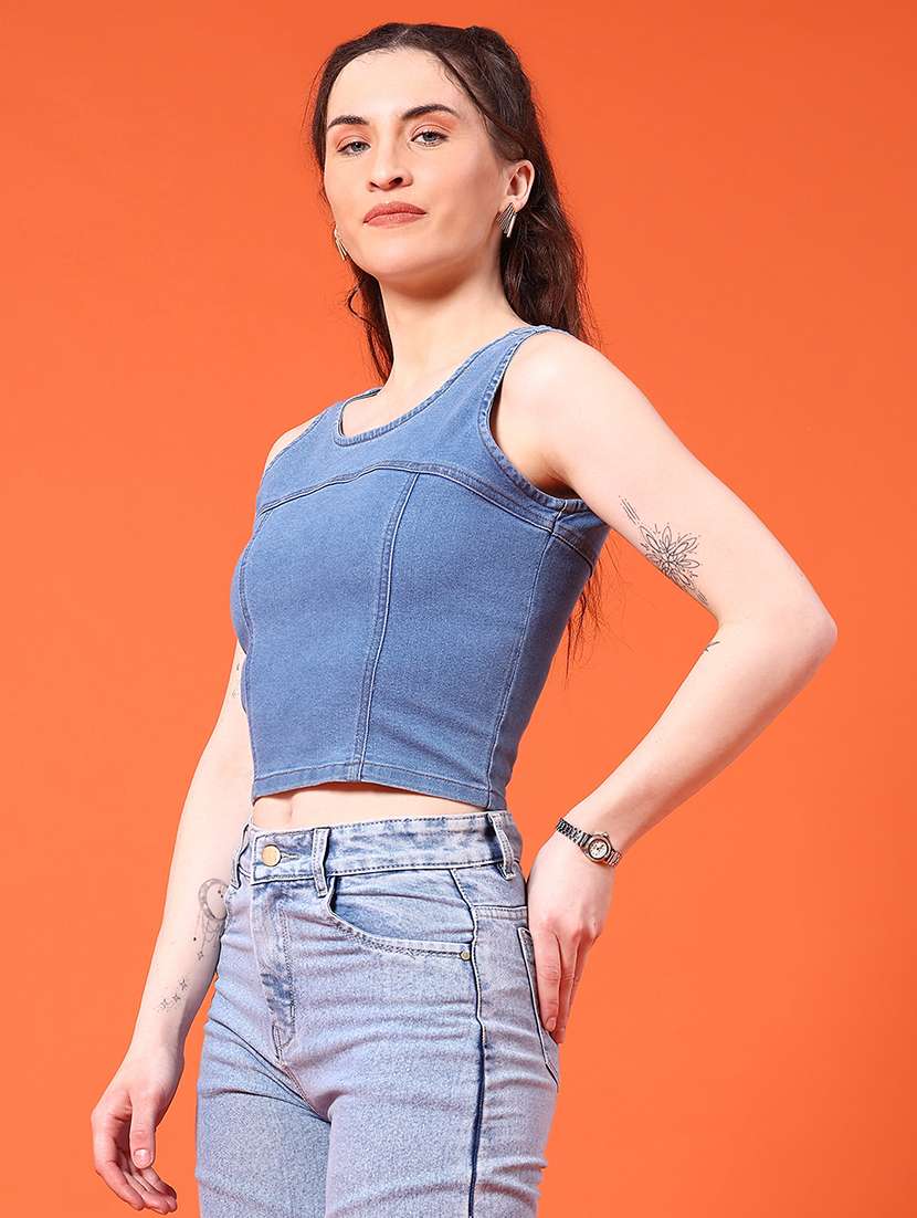 women solid sleeveless denim crop top - 21961779 -  Standard Image - 2