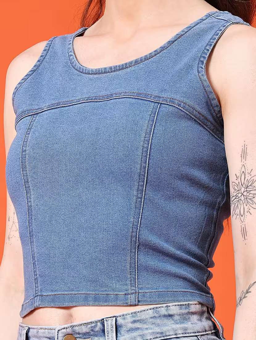 women solid sleeveless denim crop top - 21961779 -  Standard Image - 2