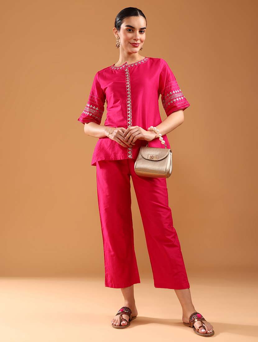 women solid with work short sleeve ethnic co-ord set