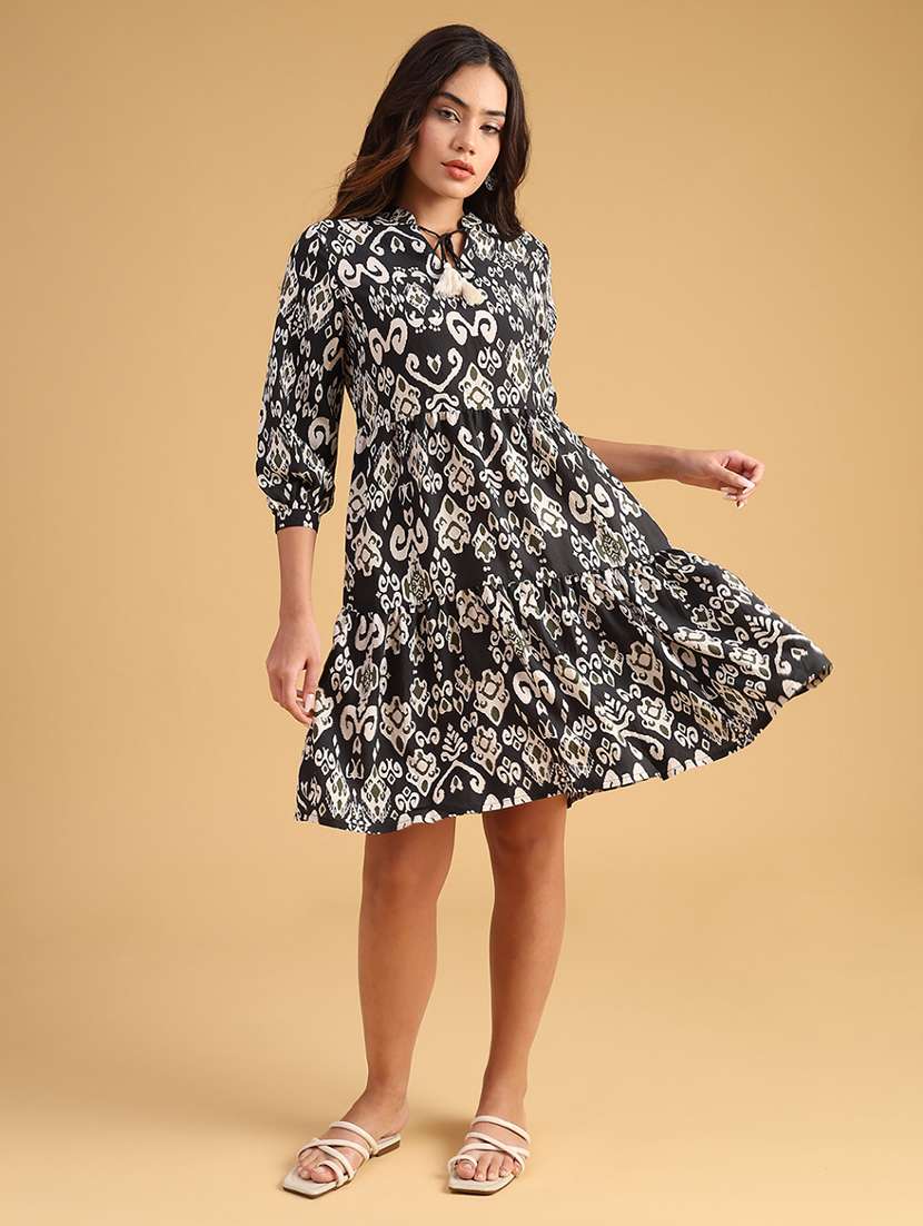 women printed three quarter sleeve tiered dress - 21961994 -  Standard Image - 2
