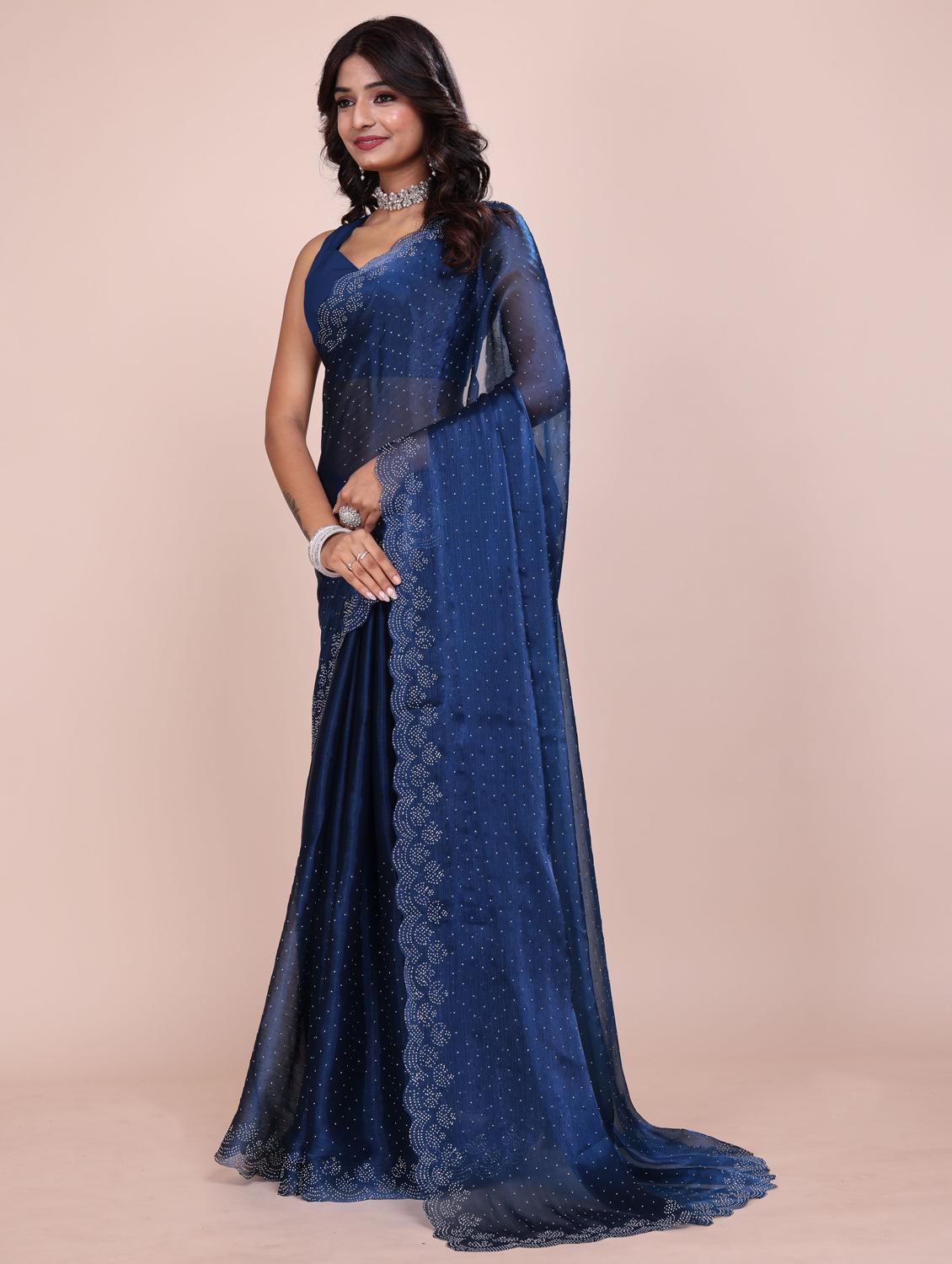 women solid with work embellished saree with blouse - 21962023 - Standard Image - 2
