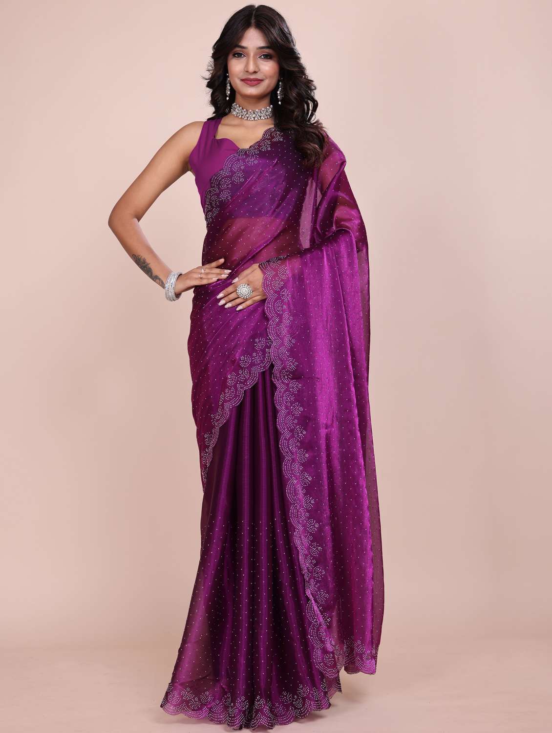 women solid with work embellished saree with blouse