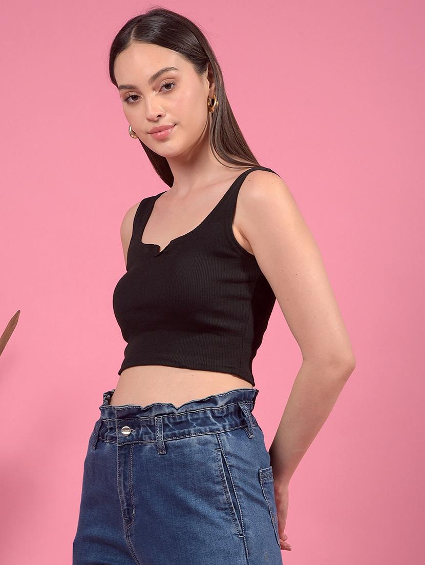 black cotton blend crop top - 21962134 - Standard Image - 2