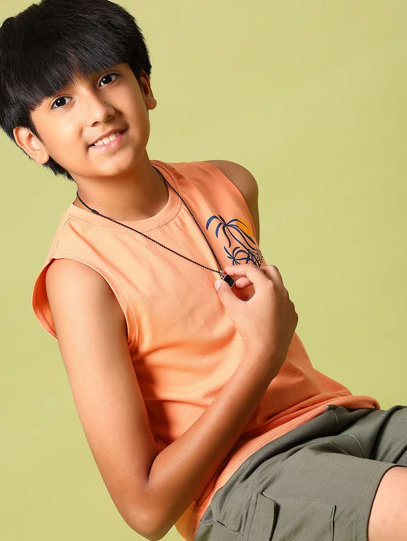 boys orange printed sleeveless t-shirt