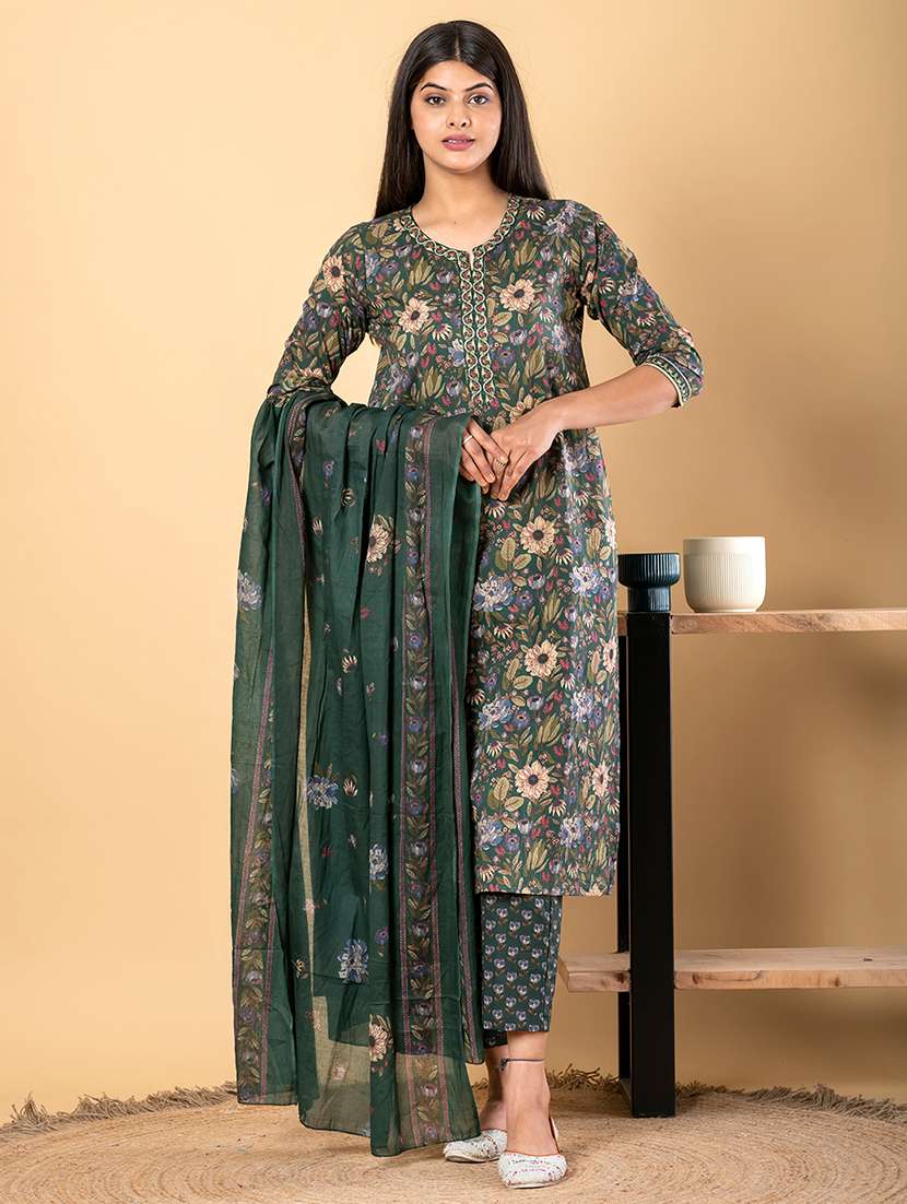 women three quarter sleeve kurta pant with dupatta set