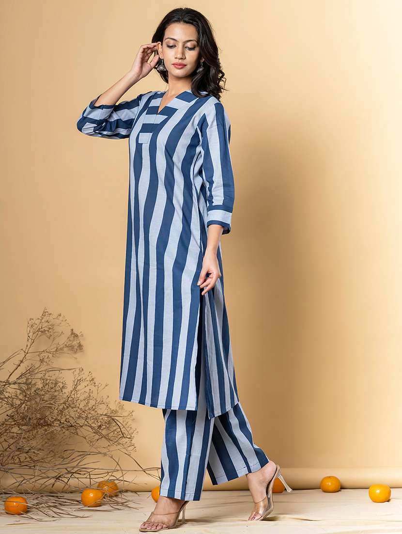 women striped three quarter sleeve kurta pant set - 21962224 -  Standard Image - 2