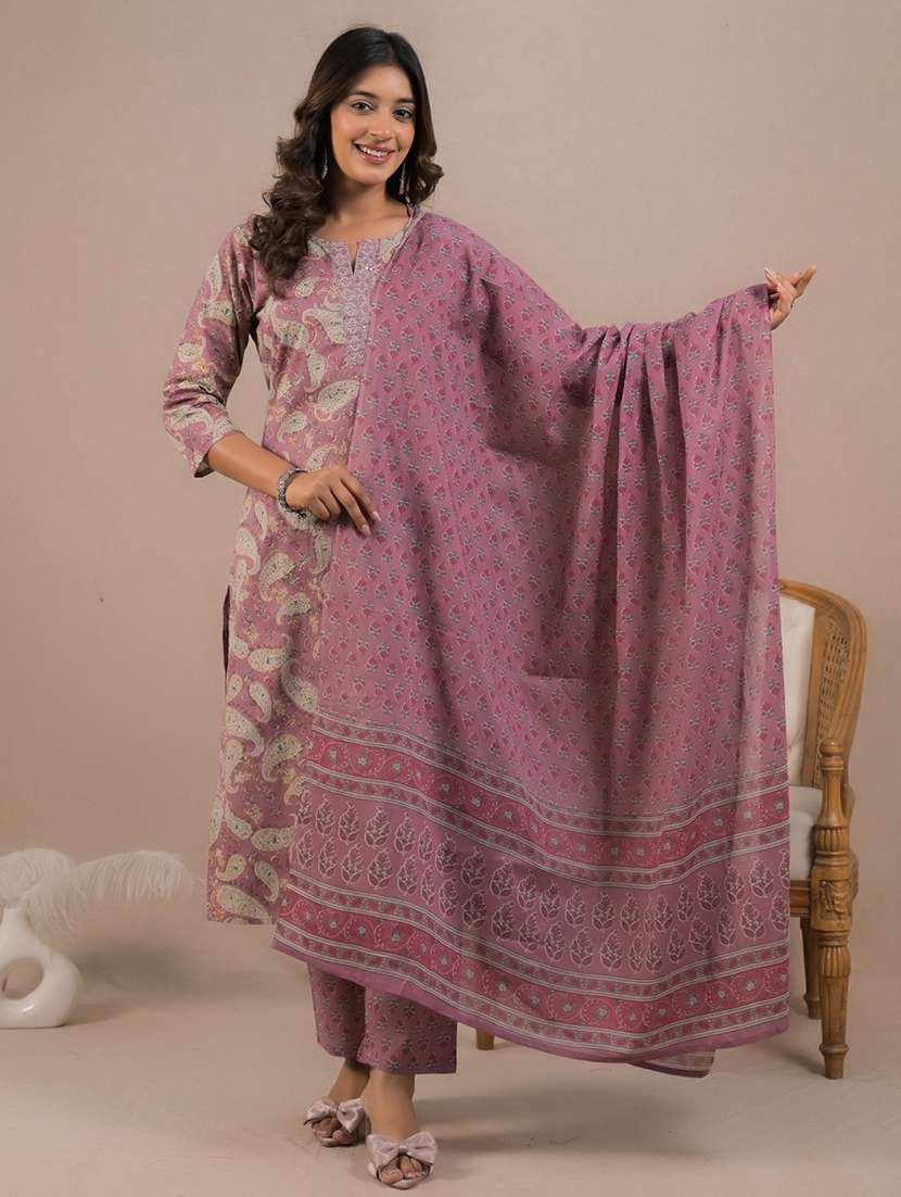 women three quarter sleeve kurta pant with dupatta set