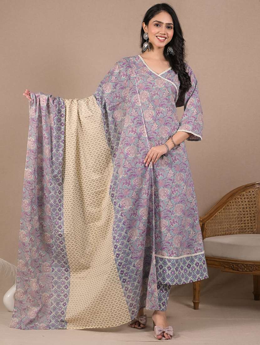 women three quarter sleeve anarkali kurta pant with dupatta set