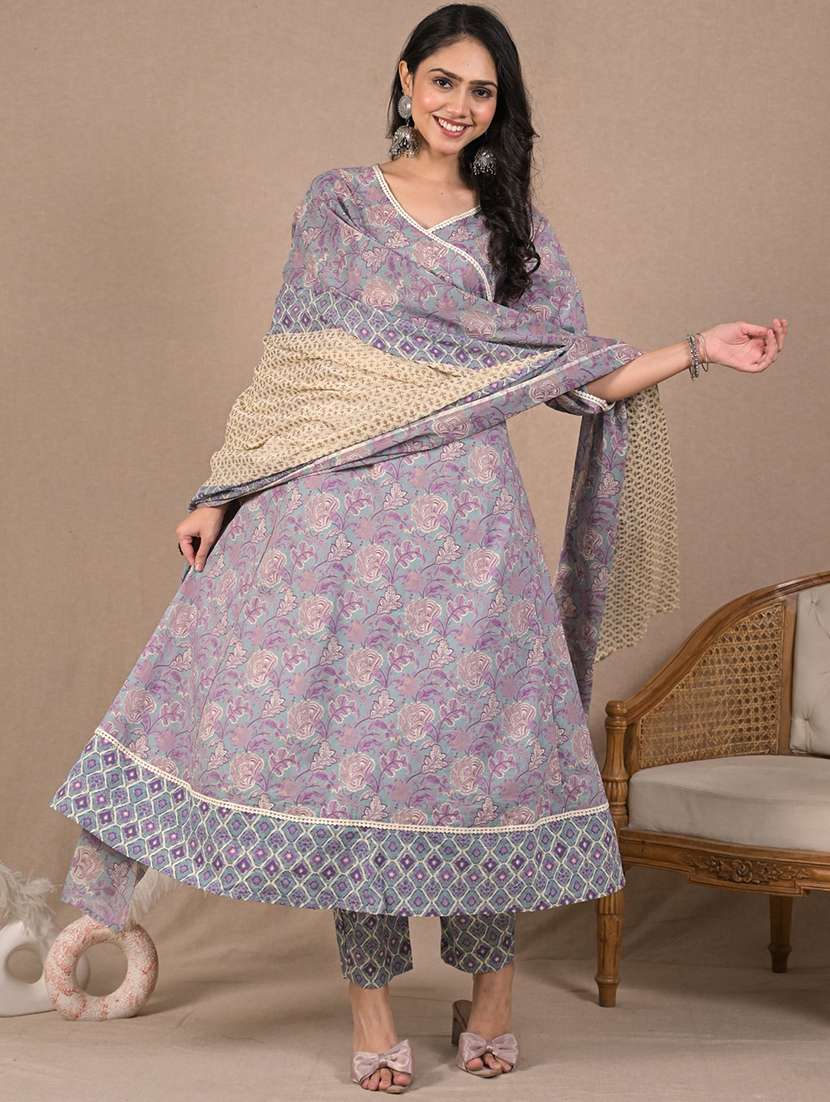 women three quarter sleeve anarkali kurta pant with dupatta set - 21962257 -  Standard Image - 2
