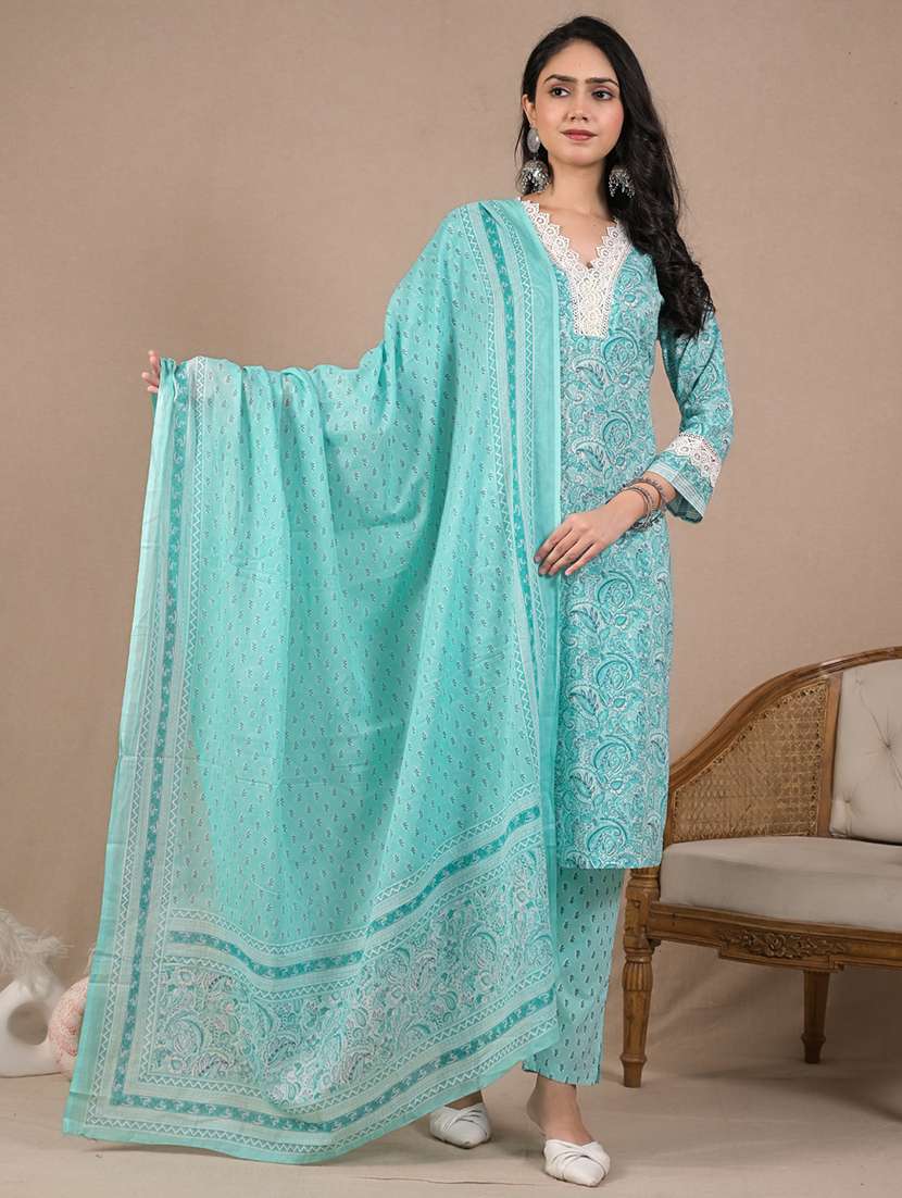 women three quarter sleeve kurta pant with dupatta set