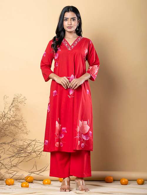 women printed three quarter sleeve kurta pant set - 21962282 -  Standard Image - 0