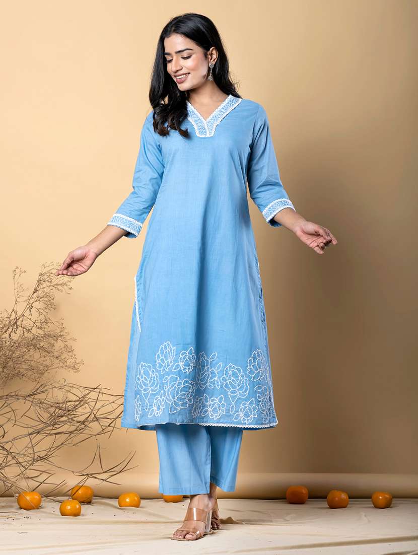 women embroidered three quarter sleeve kurta pant set - 21962288 -  Standard Image - 2