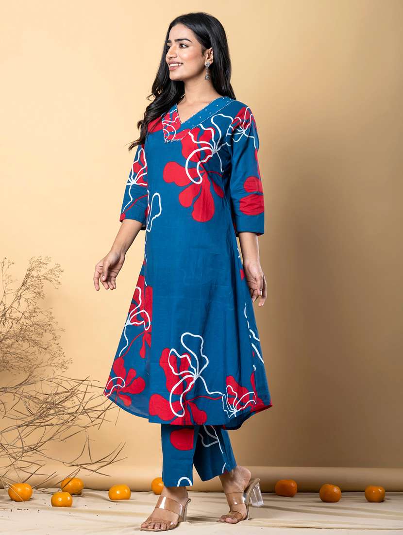 women printed three quarter sleeve kurta pant set - 21962296 -  Standard Image - 2
