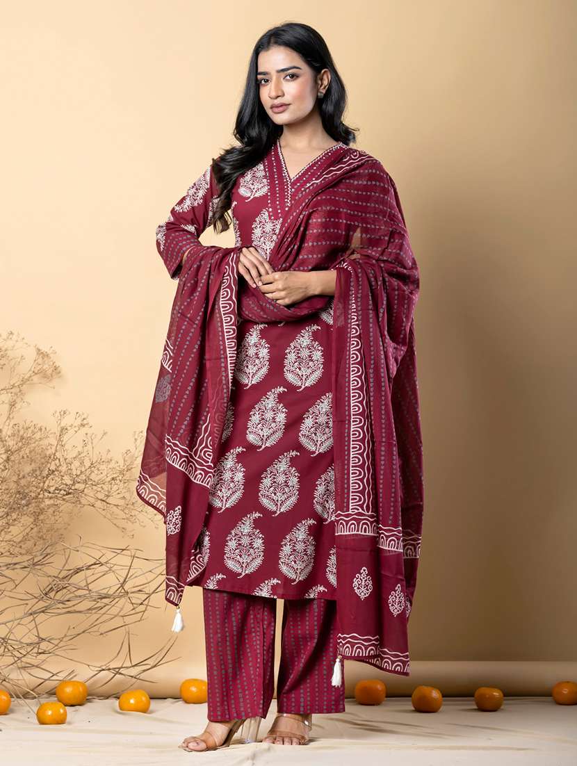 women three quarter sleeve kurta pant with dupatta set - 21962298 -  Standard Image - 2