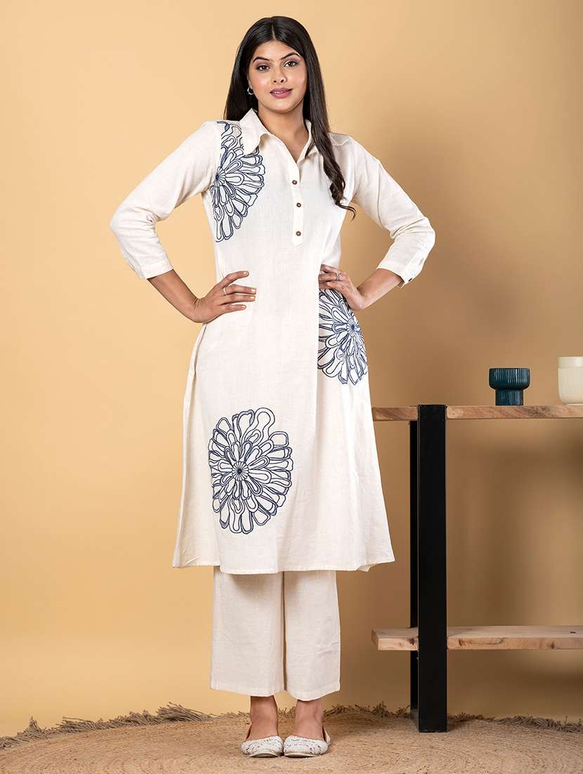 women embroidered three quarter sleeve kurta pant set - 21962328 - Standard Image - 2