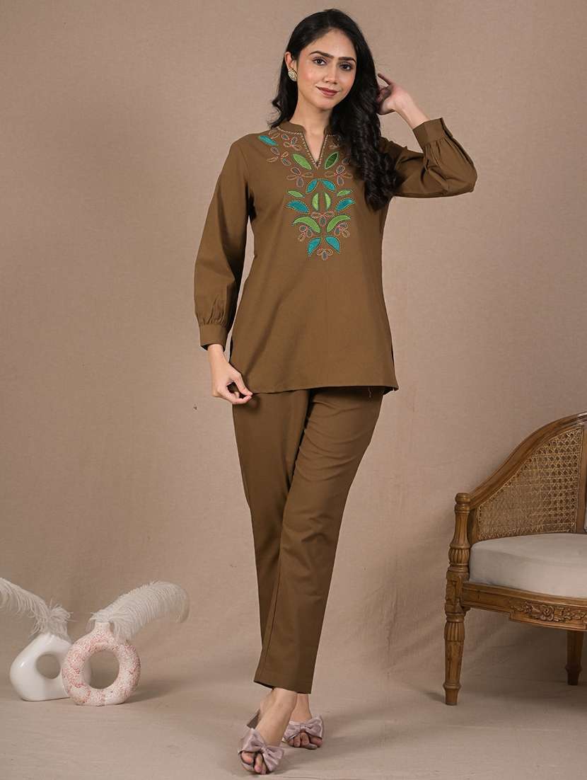 women embroidered long sleeve ethnic co-ord set
