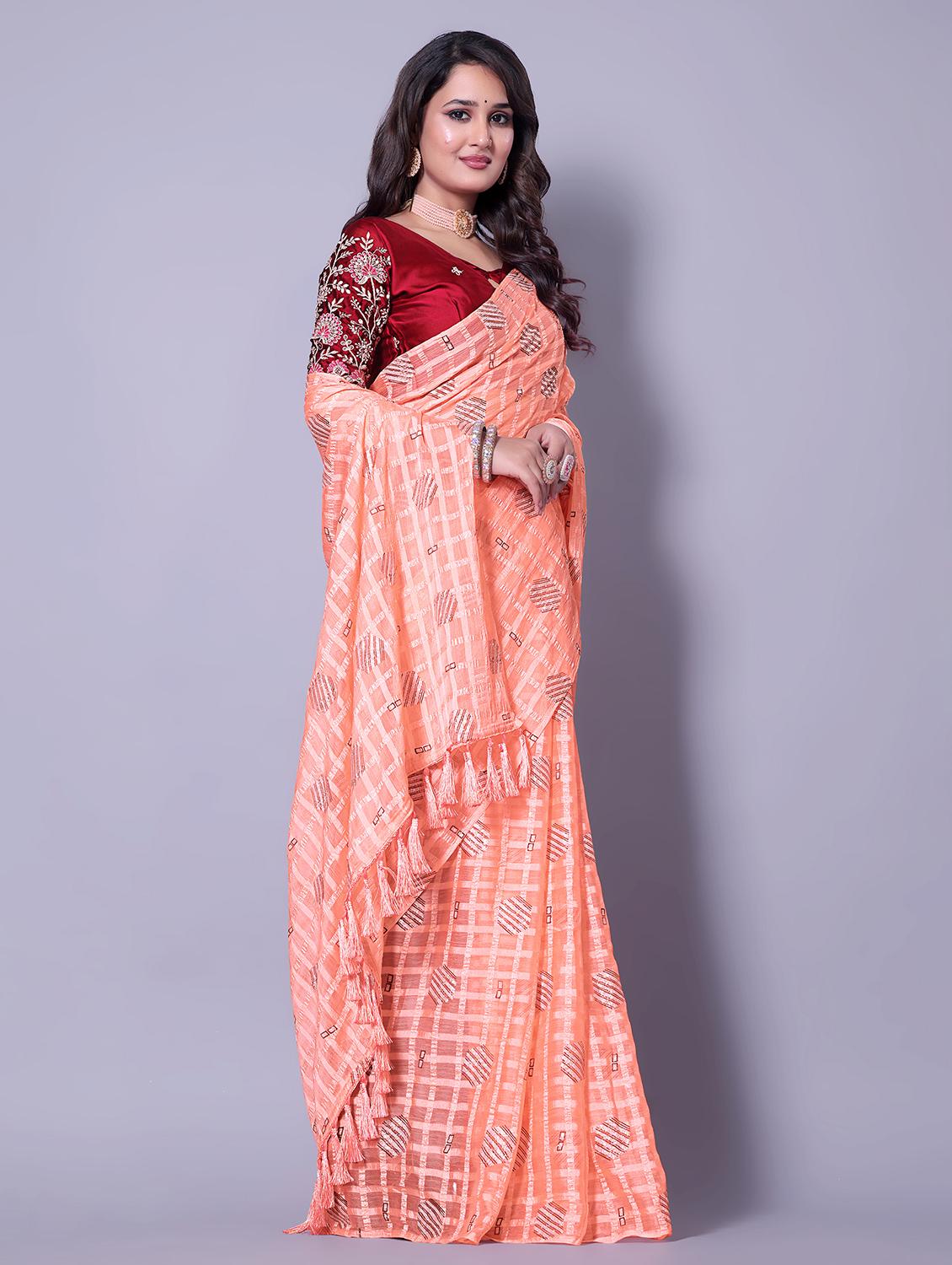 women checkered casual wear saree with blouse - 21962462 - Standard Image - 2