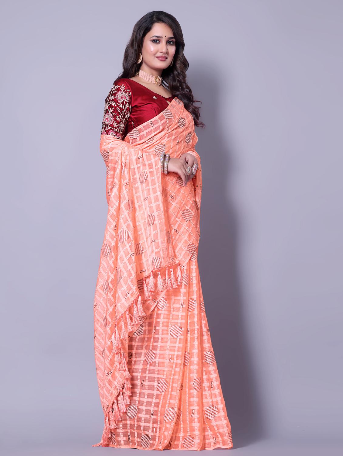 women checkered casual wear saree with blouse - 21962480 - Standard Image - 2