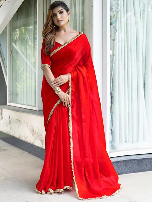 women solid with embellished bordered saree with blouse - 21962547 -  Standard Image - 0