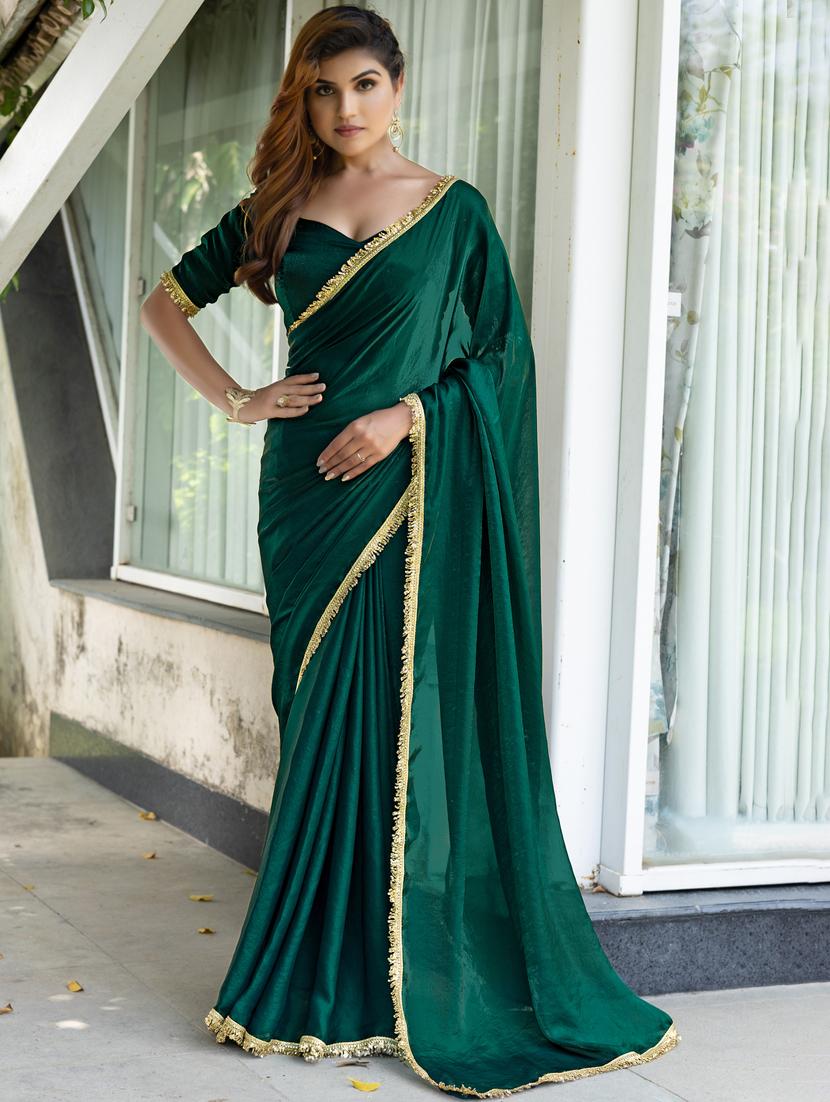 women solid with embellished bordered saree with blouse