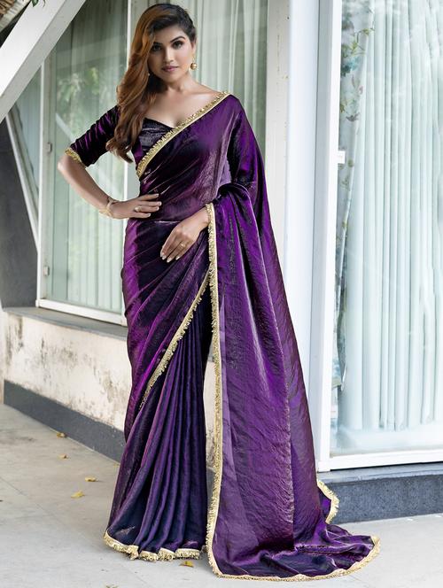 women solid with embellished bordered saree with blouse - 21962551 - Standard Image - 0