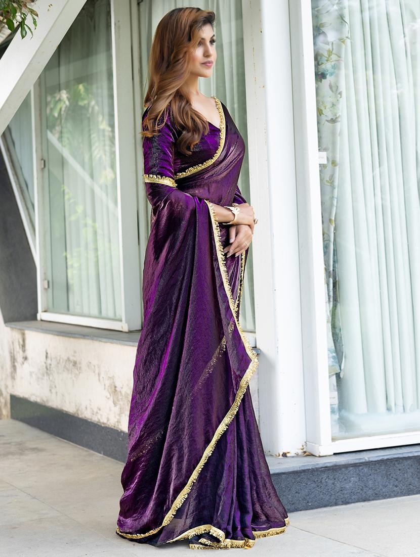 women solid with embellished bordered saree with blouse - 21962551 - Standard Image - 2