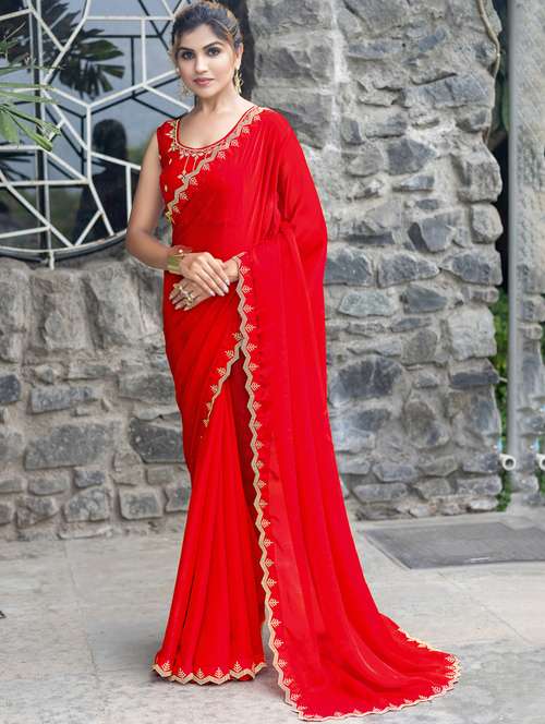women solid with embellished bordered saree with blouse - 21962555 -  Standard Image - 0