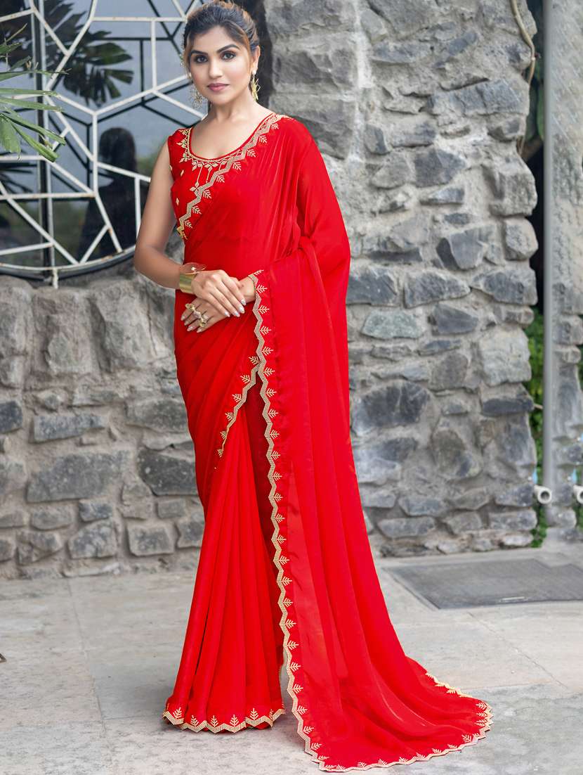 women solid with embellished bordered saree with blouse